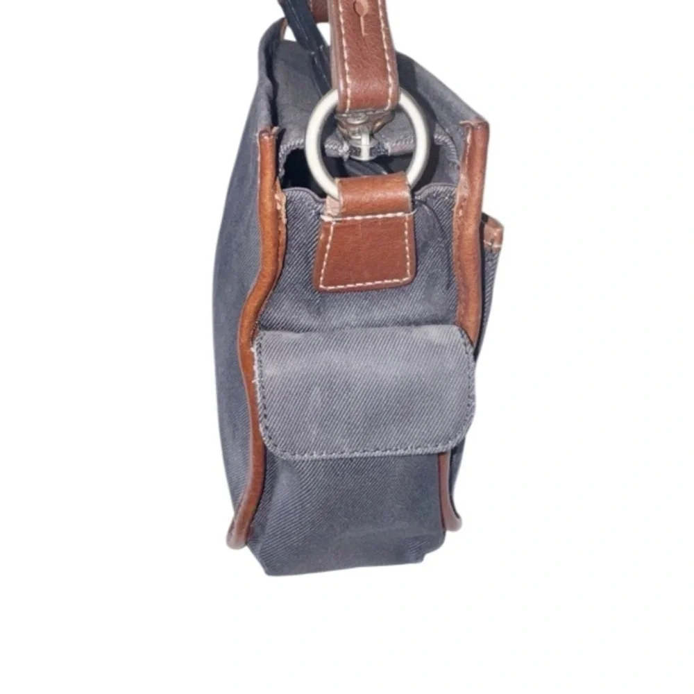 Fossil Vintage Y2K Crossbody Bag Charcoal Gray Canvas & Brown Leather Handbag